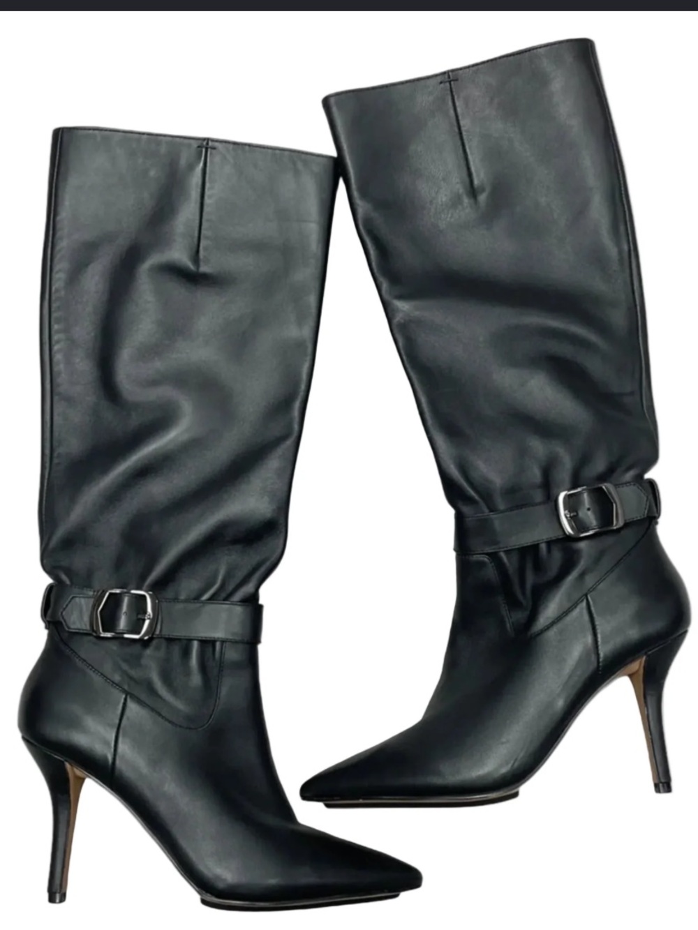 Vince Black Pointed-Toe Over-the-Knee Boots with Buckle Stiletto Heel Leather